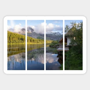 Wonderful landscapes in Norway. Nordland. Beautiful scenery of Thaihuset in a mountain valley. It is idyllically situated by a calm water. Mountains and trees in background. Sunset. Sticker